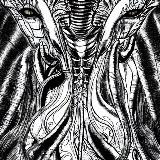 Prompt: detailed black and white illustration of my little pony in the style of h r giger and moebius and wayne barlowe