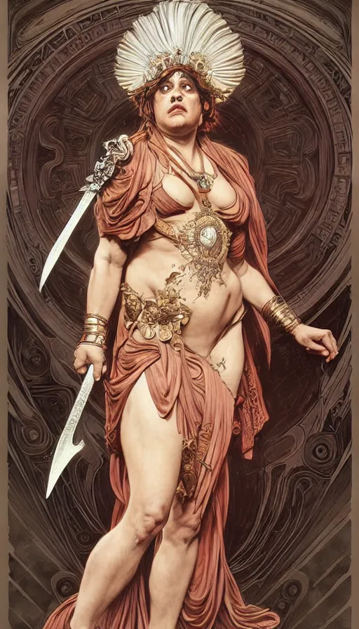 Image similar to danny devito as the roman goddess of chaos!! intricate elegant, highly detailed, digital painting, artstation, concept art, smooth, sharp focus, illustration, art by ( ( ( artgerm ) ) ) and greg rutkowski! and ( ( alphonse mucha ) ), heavily influenced by frank frazetta and boris vallejo, sword and sorcery