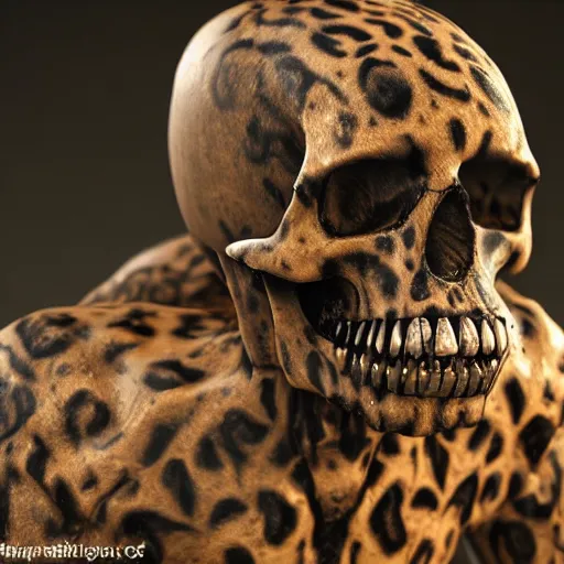 Image similar to Skull that look too much like skull!, crypt lurker!!, 8k CG character rendering of a spider-like hunting female on its back, fangs extended, wearing a leopard-patterned dress, set against a white background, with textured hair and skin.