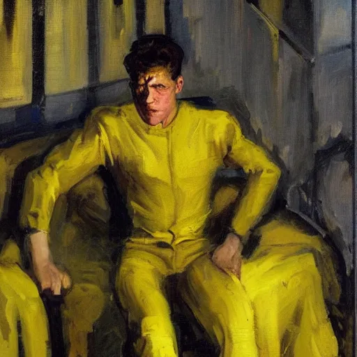 Image similar to man in yellow room, black suit, dean cornwell style