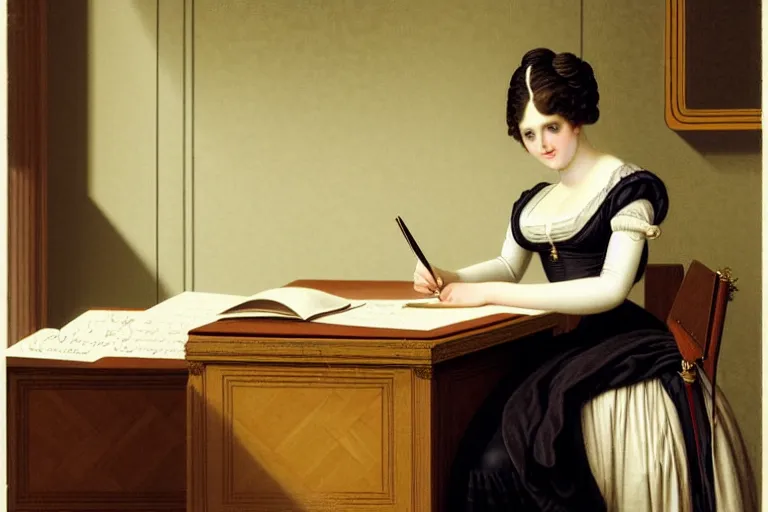 Prompt: 1 8 1 0 s lady writing at her desk by vittorio reggianini, georgian dress, directoire style, regency, empire silhouette, bright lighting, perfectly detailed eyes, beautiful hands, pale skin, clear face