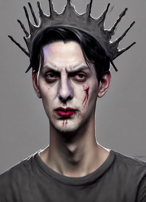 Image similar to portrait of zombie jughead jones wearing a light grey crown, photorealistic, zombie, crown, eyes closed, crown, black hair, intricate, elegant, glowing lights, highly detailed, digital painting, artstation, concept art, sharp focus, illustration, art by wlop, mars ravelo and greg rutkowski