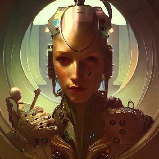 Prompt: cyberpunk conehead, fantasy, d & d, intricate, detailed, by by alphonse mucha, adolfo hohenstein, alice russell glenny, stanley artgerm lau, greg rutkowski, detailed, trending on artstation, trending on artstation, smooth