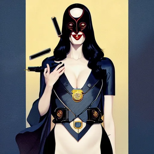 Image similar to Joshua Middleton artwork, stunning elegant female Eva Green, futuristic evil spy, domino mask, very evil sneer, symmetrical face, symmetrical eyes, leather clothing and boots, long straight golden hair, full body, Indigo occult pattern