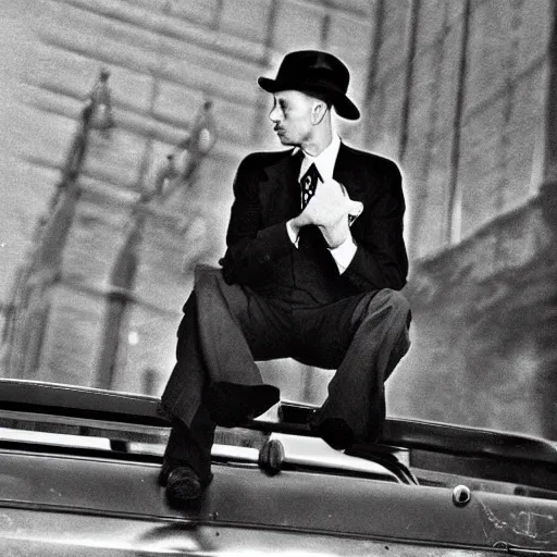 Image similar to a detective sitting down riding something about the killing and he is wearing a suit in a cool 1 9 4 0 s hat in the style of 1 9 4 0 s