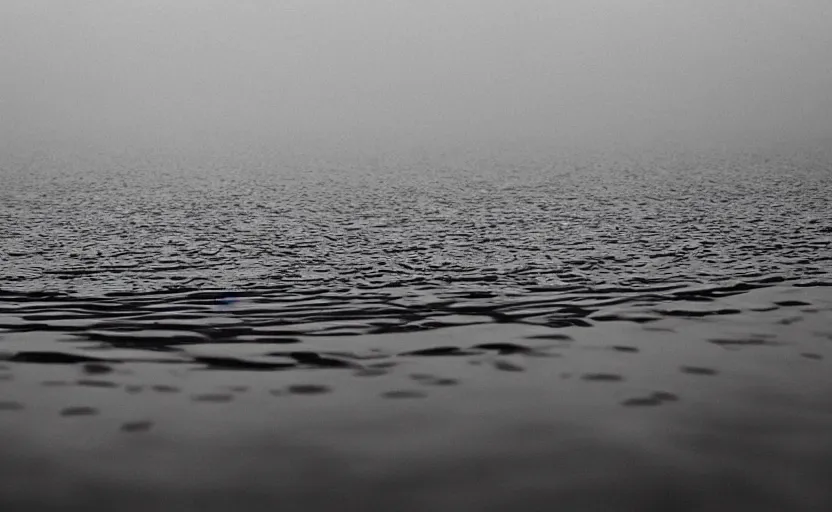 Prompt: extreme low angle camera lens partially submerged in water showing the surface of a lake, scene from a film directed by charlie kaufman ( 2 0 0 1 ), foggy volumetric light morning, extremely moody, cinematic shot on anamorphic lenses