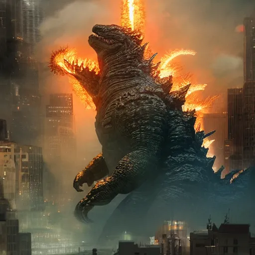 Prompt: godzilla breathing fire on a city, au naturel, hyper detailed, digital art, trending in artstation, cinematic lighting, studio quality, smooth render, unreal engine 5 rendered, octane rendered, art style by klimt and nixeu and ian sprigger and wlop and krenz cushart