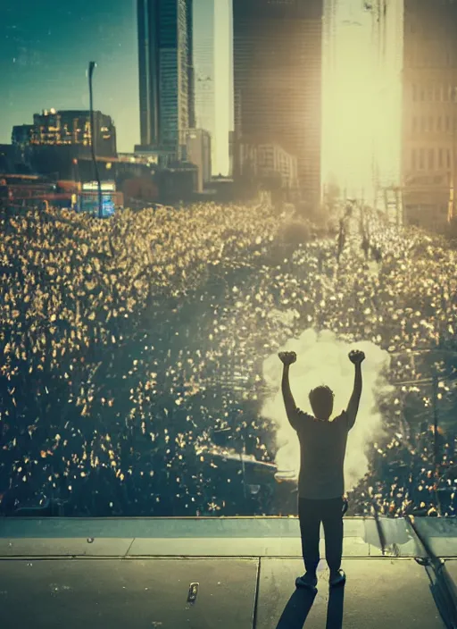 Image similar to a 3 5 mm photo from the back of a scientist raising a fist in triumph, standing in front of a city, splash art, movie still, bokeh, canon 5 0 mm, cinematic lighting, dramatic, film, photography, golden hour, depth of field, award - winning, anamorphic lens flare, 8 k, hyper detailed, 3 5 mm film grain