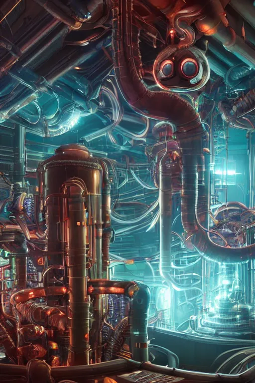 Prompt: portrait of cyberpunk octopus, symmetric, body full glowing vacuum tubes, realistic digital art, 3 d render of two huge futuristic steampunk generators inside a huge steampunk engine, 8 k, fluorescent colors, halluzinogenic, multicolored, exaggerated detailed, unreal engine