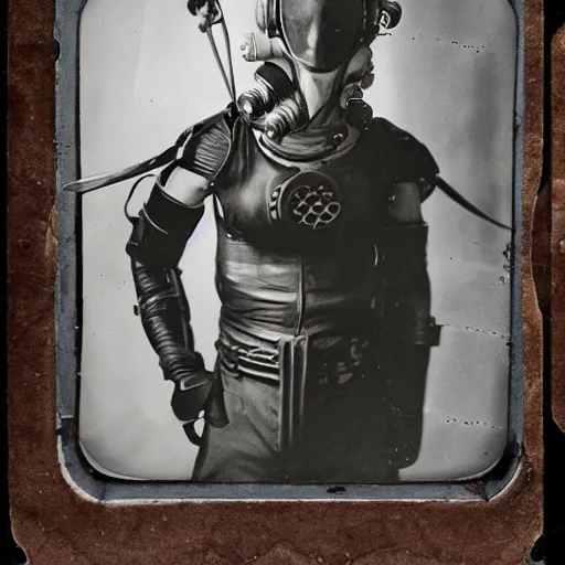 Image similar to tintype photographs of techno shamans, telepaths, dieselpunk cyborgs, masked heroes, irradiated humans, ancient ones, mystic monsters, and monster hunters