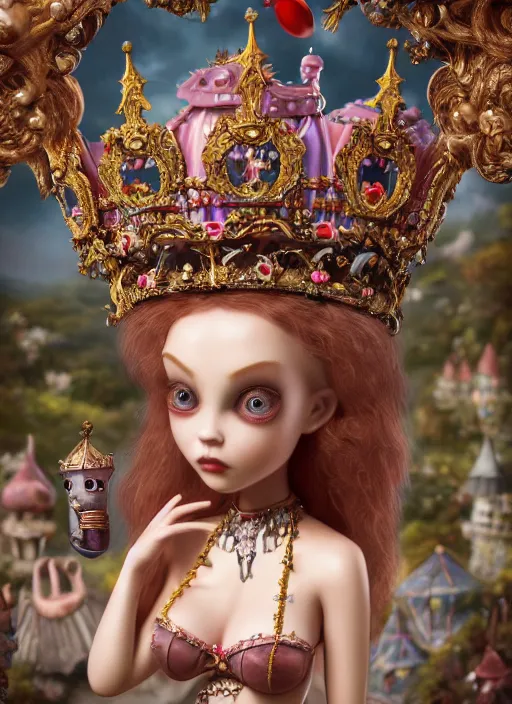 Image similar to highly detailed closeup, profile portrait of a tin toy goth fairytale princess wearing a crown, bikini, unreal engine, nicoletta ceccoli, mark ryden, earl norem, lostfish, global illumination, detailed and intricate environment