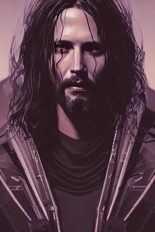 Prompt: a full length portrait of cyberpunk jesus, grim - lighting, high - contrast, intricate, elegant, highly detailed, digital painting, artstation, concept art, smooth, sharp focus, illustration