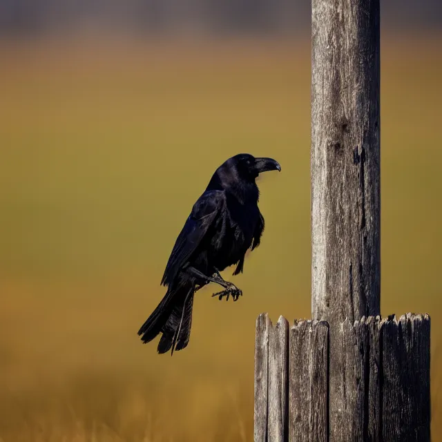 Prompt: a raven on a fence post, nature photography, wildlife photography canon, sony, nikon, olympus, 4 k, hd, 1 0 0 mm, depth of field, golden hour