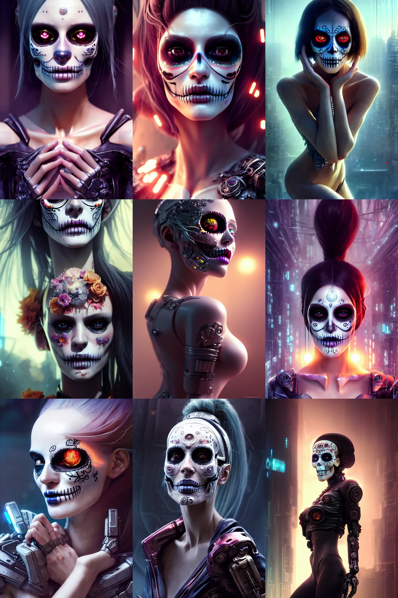 Prompt: crying! android! woman, octane render, emotional, fantasy, manga, concept art, pose, photorealistic, cyberpunk, cover shot, intricate detailed environment. vogue, ( ( ( el dia los muertos ) ) ), 8 k, hd. by terry o'neill and artgerm and wlop and loish and rutkowski and mucha
