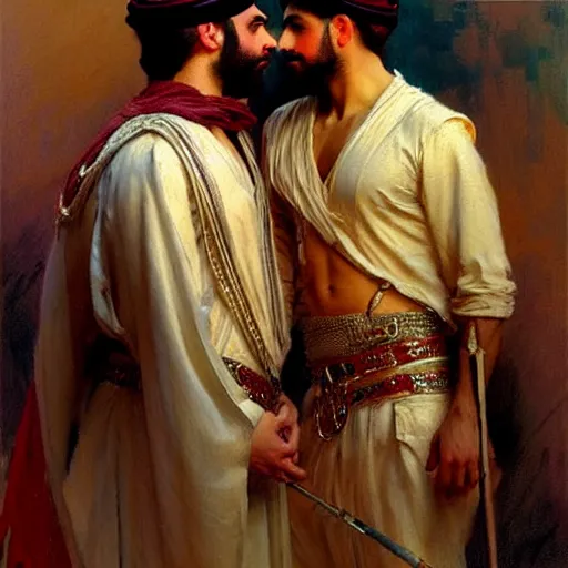 Image similar to attractive arab king in love with his attractive male prince. highly detailed painting by gaston bussiere, craig mullins, j. c. leyendecker