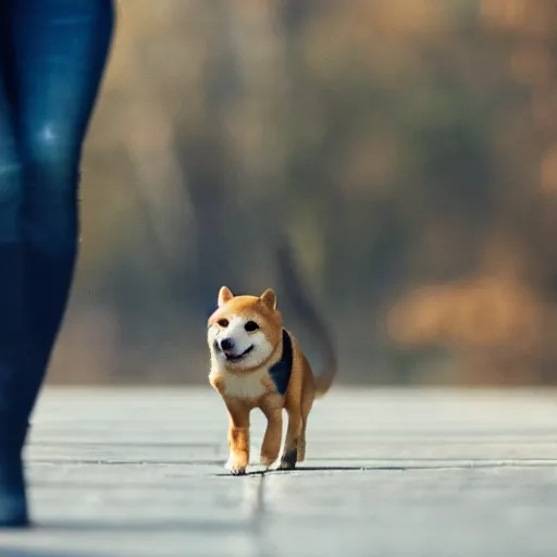 Image similar to close up photo of a tiny emma watson walking her shiba inu, cinematic, shallow dof, 3 5 mm, 4 k, macro