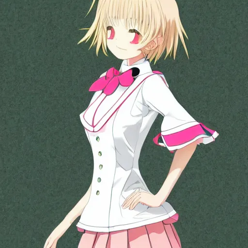 Prompt: marin kitagawa fanart, marin kitagawa, My Dress-Up Darling, blond anime high school female with pink eyes, dressed in white shirt and skirt, ornate, digital art, cute smile, digital painting, fan art, elegant, full-size, pixiv, by CloverWorks, by MAPPA, by Studio Ghibli