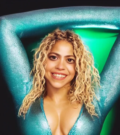 Prompt: close up portrait sexy shakira wearing very tight shiny turquoise latex crazy outfit, rembrandt lighting