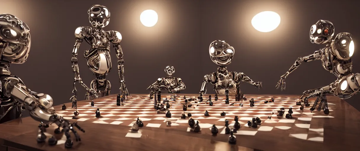 Image similar to a gorgeous highly detailed photo of two futuristic full - body humanoid robots with glowing led eyes sit on large midcentury recliners facing off in an intense game of checkers. cinematic movie photograph, cinematic lighting, arri alexa, extremely detailed, smooth, very very clean, 8 k, octane render, maya render, unreal engine, trending on artstation, dslr