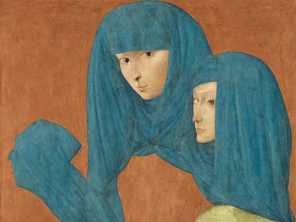 Image similar to portrait of a woman head with niqab. lapis - lazuli, turquoise, malachite, cinnabar, earth brown. painting by piero della francesca, balthus, agnes pelton