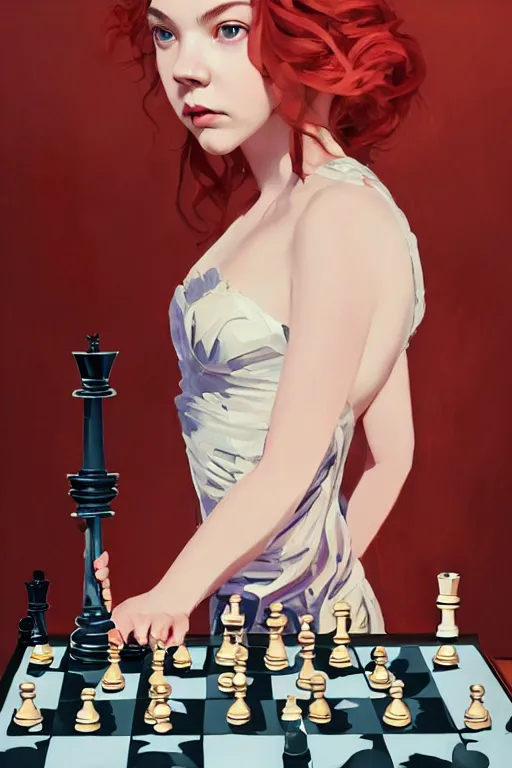 Prompt: a ultra detailed beautiful panting of anya taylor - joy, queens gambit, red hair, bangs, she is holding a chess piece in her hand, high angle shot, the background has an abstract chessboard pattern, oil painting, by ilya kuvshinov, greg rutkowski and makoto shinkai