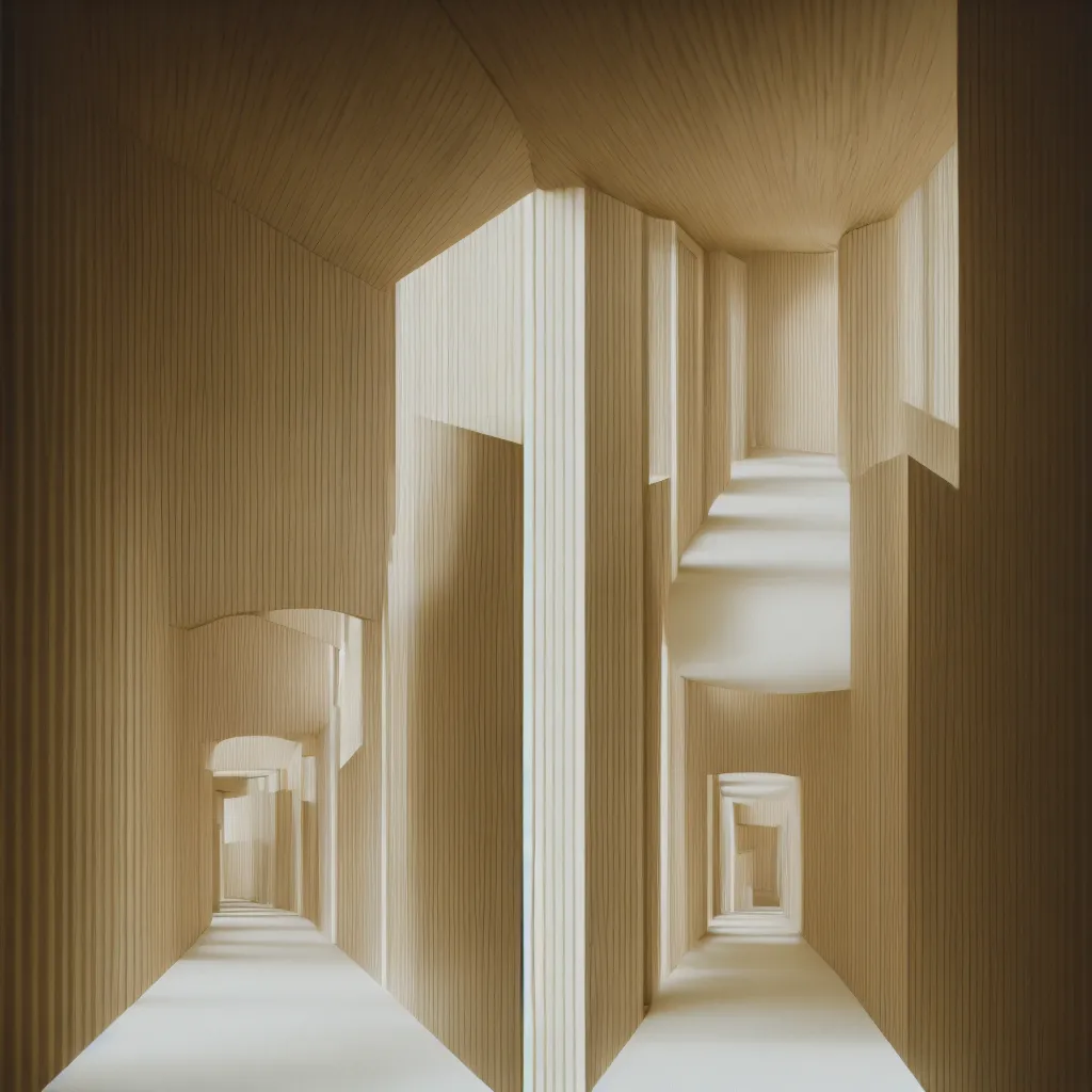 Prompt: photograph of a hallway in the style of Wes Anderson, Tadao Ando, architecture magazine, dezeen, 50mm, pentax, film