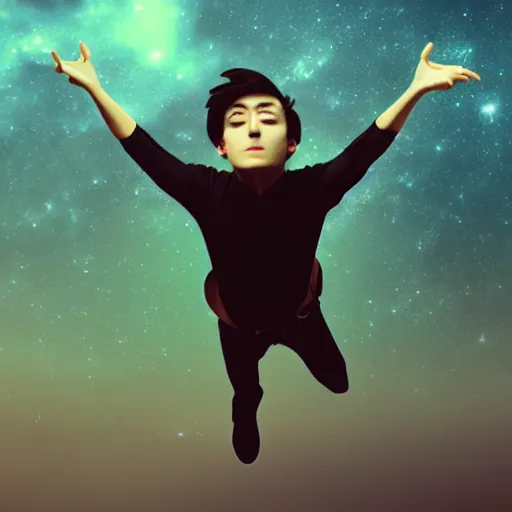 Prompt: man with short brown hair, hovering above the ground, arms reaching out channeling the cosmos, anime style