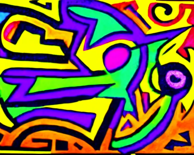 Image similar to Layered colorful magic spells in guernica style. Neon geometric inks artwork. Elemental envelopment of the arcane master mage's ritual