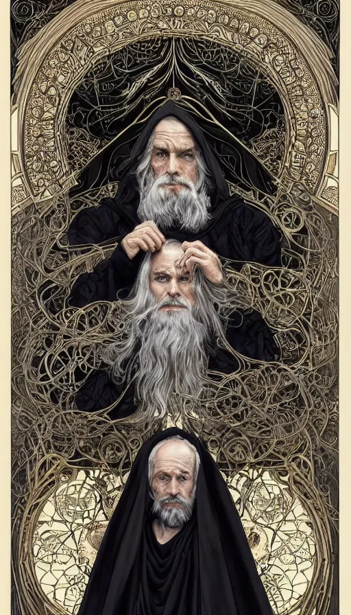 Image similar to one old man wore a black cloak, a black cloak and a white beard, highly detailed, very intricate, art nouveau, gold filigree, left right symmetry, tarot concept art watercolor illustration by mandy jurgens and alphonse mucha and alena aenami, featured on artstation