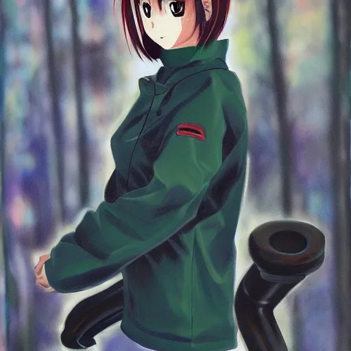 Image similar to rika furude from higurashi wearing techwear, oil on canvas