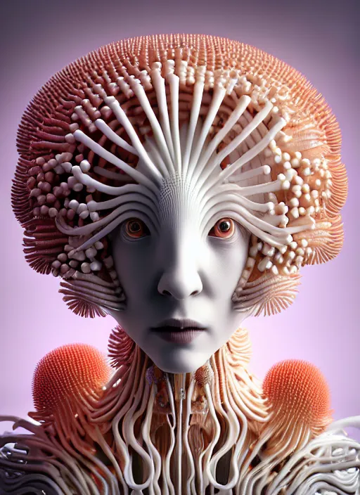 Prompt: beautiful porcelain ivory fair face woman biomechanical cyborg, close - up, sharp focus, studio light, iris van herpen haute couture headdress made of rhizomorphs, daisies, brackets, colorful corals, fractal mushrooms, puffballs, octane render, ultra sharp, 8 k