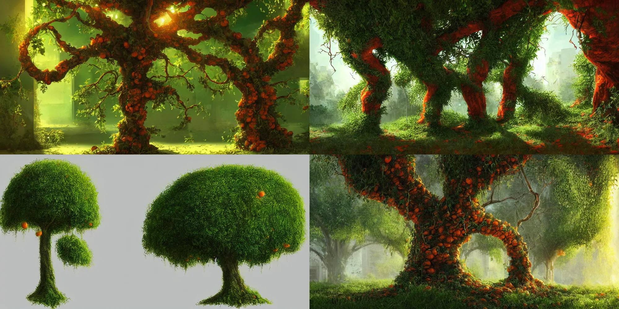 Prompt: concept artwork realistic detailed 4 k stylized old jaffa overgrown suspended orange tree green ivy contrast shadows artstation