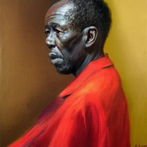 Image similar to a painting of a elder man by Lynette Yiadom-Boakye . dramatic angle, ethereal lights, details, smooth, sharp focus, illustration, realistic, cinematic, artstation, award winning, rgb , unreal engine, octane render, cinematic light, macro, depth of field, blur, red light and clouds from the back, highly detailed epic cinematic concept art CG render made in Maya, Blender and Photoshop, octane render, excellent composition, dynamic dramatic cinematic lighting, aesthetic, very inspirational, arthouse.