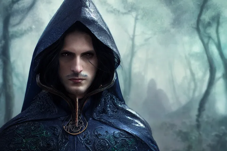 Image similar to ultrarealistic male mage face portrait running, long black hair blue eyes wearing bronze mantle gothic navy cloak with leather details, green plants, fantasy character portrait, octane render, extreme intricate details, elegant, cinematic lighting, volumetric lighting, artstation, dnd art, cgsociety, sharp focus, beautiful digital painting by artgerm, gerald brom, wlop, alphonse mucha