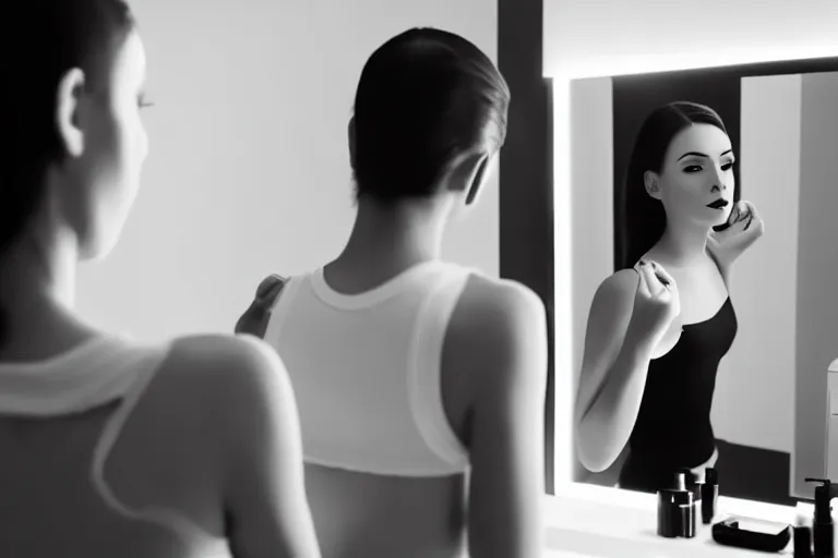 Image similar to beautiful female android, putting on makeup in front of a bathroom mirror, cinematic black and white movie still