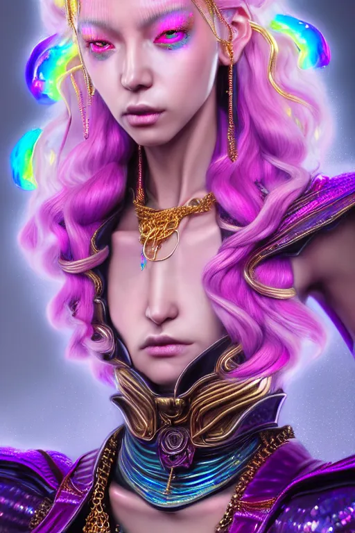 Image similar to hyperdetailed portrait of a stunningly beautiful pink female androgynous wizard guard made of iridescent metals and shiny purple gems, bright rainbow nimbus, golden necklace, inspired by ross tran and wlop and masamune shirow and kuvshinov, concept art, intricate, photorealistic, octane render, rtx, hdr, unreal engine, dnd digital art by artgerm