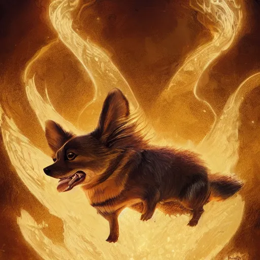 Prompt: d & d character art of a corgi thaumaturgist in an arcane library, fantasy, extremely detailed, intricate, magical, arcane, glowing aura, greg rutkowski, 8 k, trending on artstation