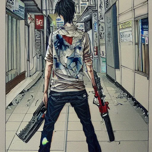 Image similar to a beautiful painting of chainsaw man posing on city street by tatsuki fujimoto, detailed line art, chainsaw man manga