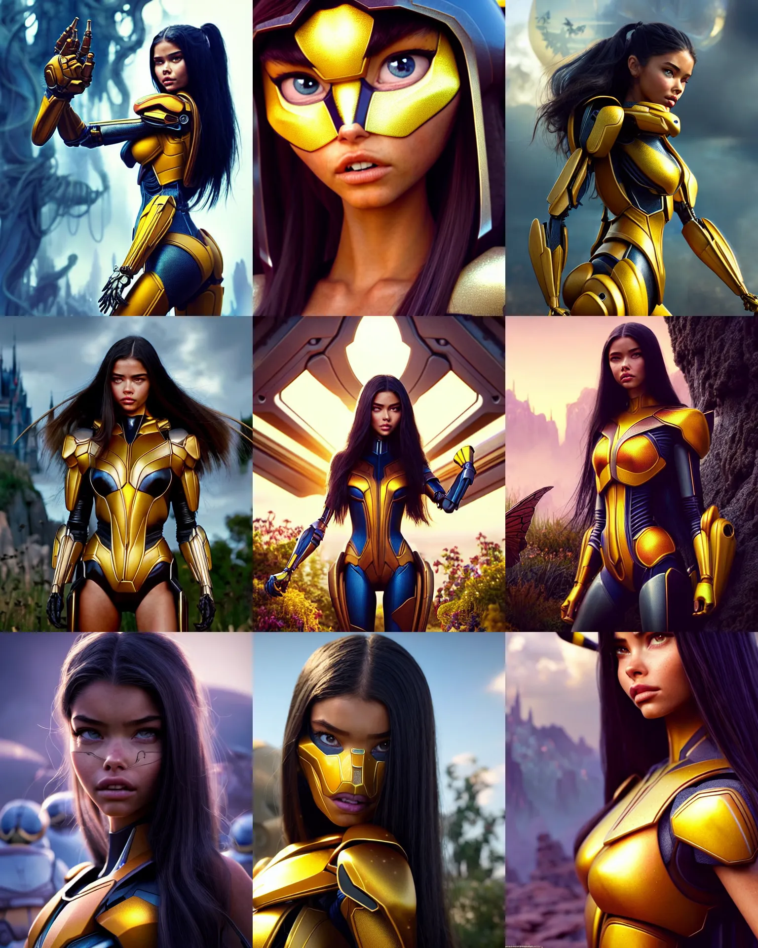 Prompt: weta disney pixar movie still portrait photo of madison beer, adriana lima : : as bumblebee cyborg woman by marvel : : by weta, greg rutkowski, wlop, ilya kuvshinov, rossdraws, artgerm, scene girl, maxim magazine cover, unreal engine, sweaty, glitter, pearlescent, morning, anime girl, : :