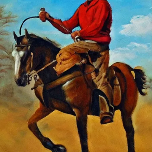 Image similar to a painting of billy mays riding a horse, elegant