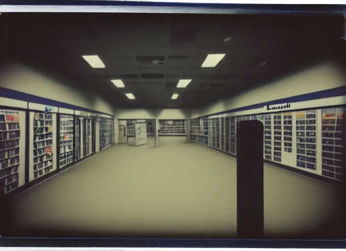 Prompt: polaroid photograph of an empty blockbuster store, liminal space, familiar place, mannequins, black mold, amateur, unreal engine, photorealistic, trending on artstation
