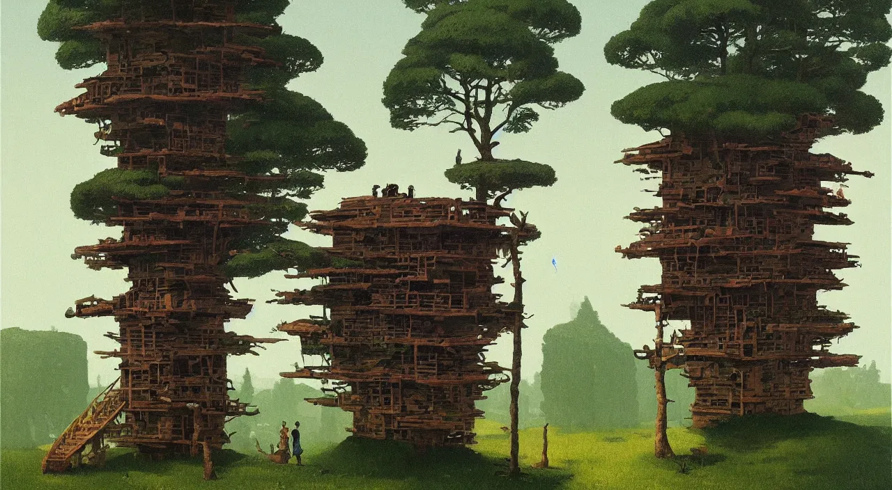 Prompt: single flooded simple wooden moss tower, very coherent and colorful high contrast!! masterpiece by rene magritte simon stalenhag carl spitzweg syd mead norman rockwell edward hopper james gilleard, minimalist, dark shadows, sunny day, hard lighting