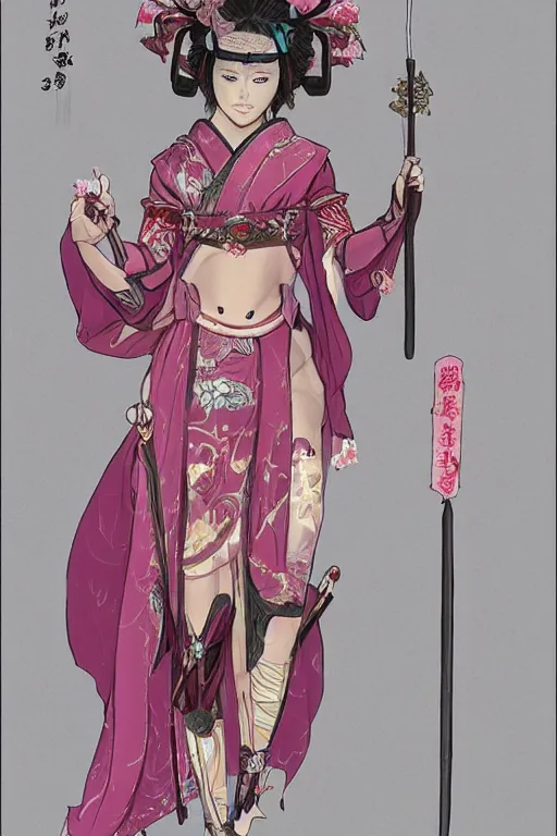 Image similar to full - bodied portrait, female changeling in rose - patterned eastern light armor, wielding a decorated halberd, wearing sandals, barefoot, geisha mask, realistic proportions, reasonable fantasy, ghostblade, wlop.