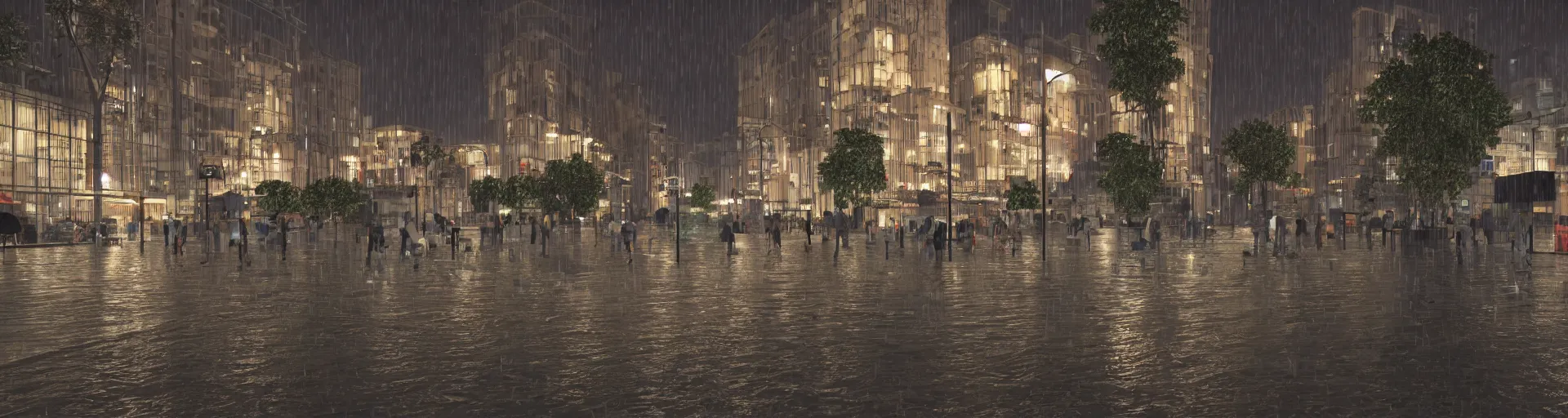 Image similar to raytracing night time city, lots of rain, realistic