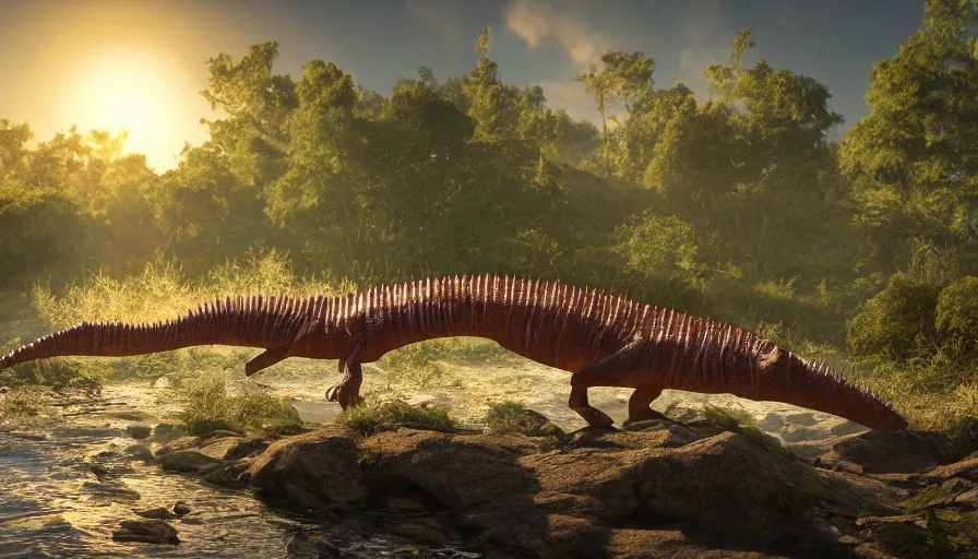 Image similar to hyper realistic highly detailed nature photography of a spinosaurus, prehistoric planet, volumetric lighting, octane render, 4 k resolution, golden hour