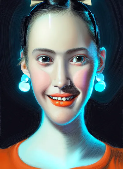 Image similar to portrait of high school girl, realistic, black hair, bangs, half updo hairstyle, pointy nose, skinny, smile, ugly, defined jawline, big chin, orange hair bow, earrings, intricate, elegant, glowing lights, highly detailed, digital painting, artstation, sharp focus, illustration, art by wlop, mars ravelo and greg rutkowski