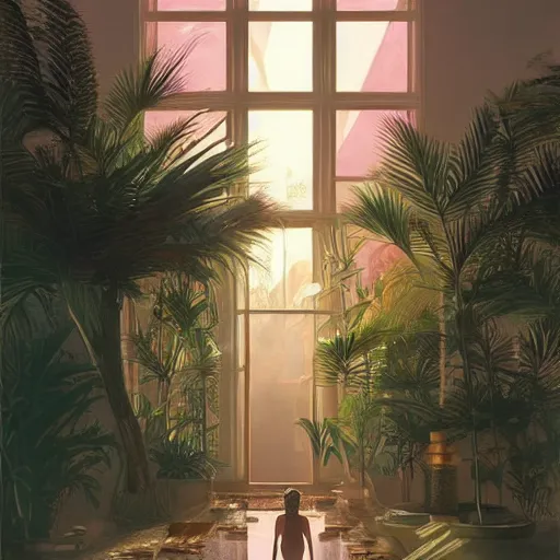 Image similar to indoor liminal dream, golden light, greg rutkowski, palm trees, pink door, minimalistic, hyperrealistic surrealism, award winning masterpiece with incredible details, epic stunning, infinity pool mirrors, a surreal vaporwave liminal space with mirrors, highly detailed, trending on artstation, artgerm and greg rutkowski and alphonse mucha, daily deviation