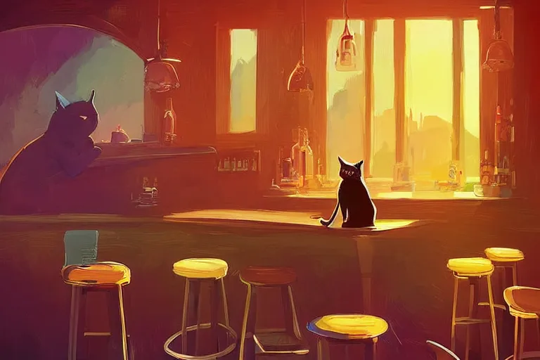 Image similar to a digital art of a cat sits on a chair in a bar in the afternoon, the sun shines in, animal, light effect, highly detailed, warm and delightful, by anton fadeev
