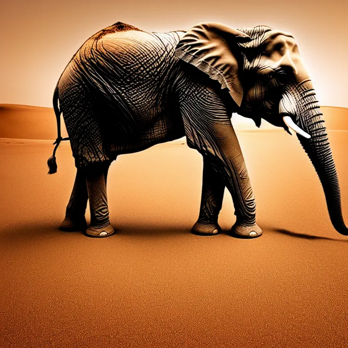 Image similar to photo of an elephant made of sand in the middle of a very sandy desert storm sand, 4 k, hdr, smooth, sharp focus, high resolution, award - winning photo