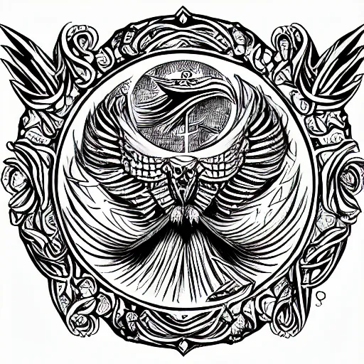 Prompt: three eyed raven as ouroboros mystic occult illustration for tattoo, symbolism mythos, highly detailed line drawing, design concepts